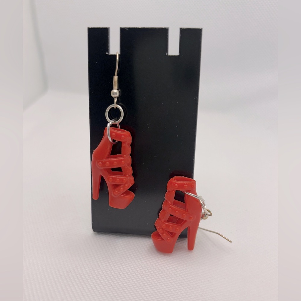 Handmade Barbiecore/Barbie red strappy high heel earrings.